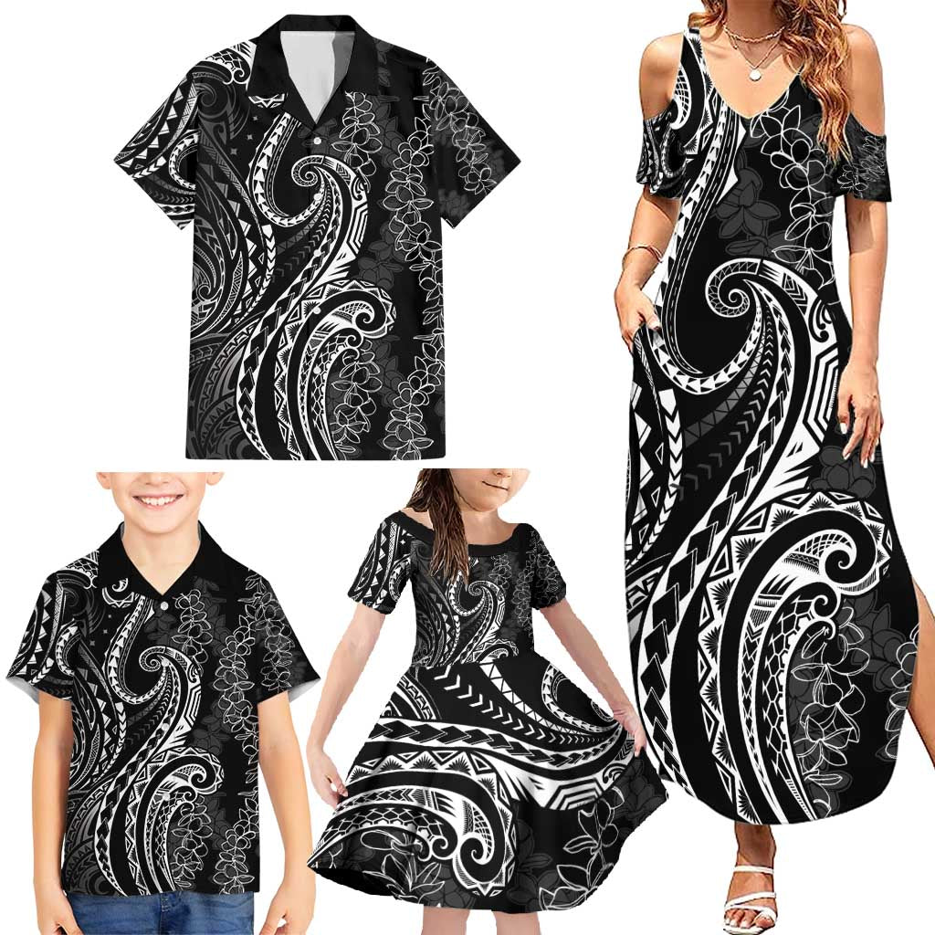 Polynesia Plumeria Lei Family Matching Summer Maxi Dress and Hawaiian Shirt Black Curves Motif