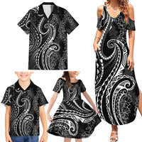 Polynesia Plumeria Lei Family Matching Summer Maxi Dress and Hawaiian Shirt Black Curves Motif