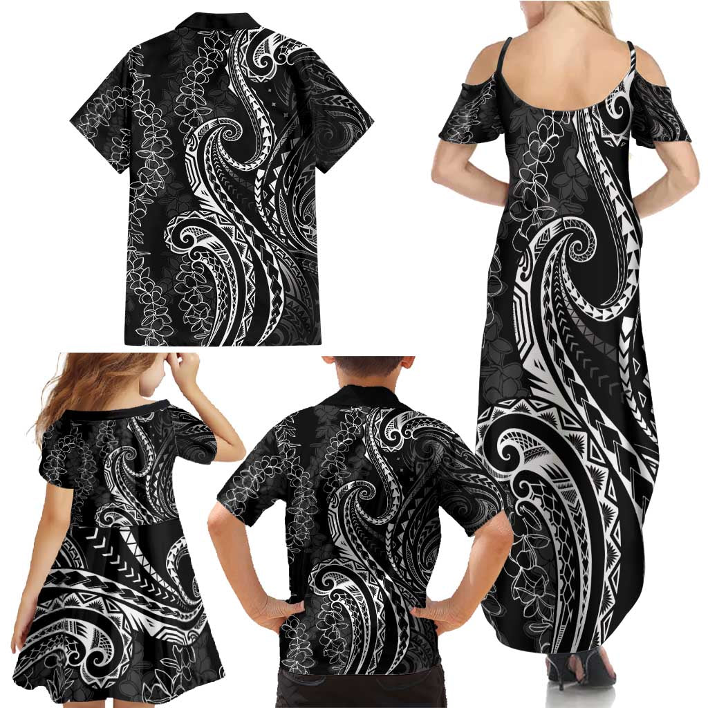 Polynesia Plumeria Lei Family Matching Summer Maxi Dress and Hawaiian Shirt Black Curves Motif