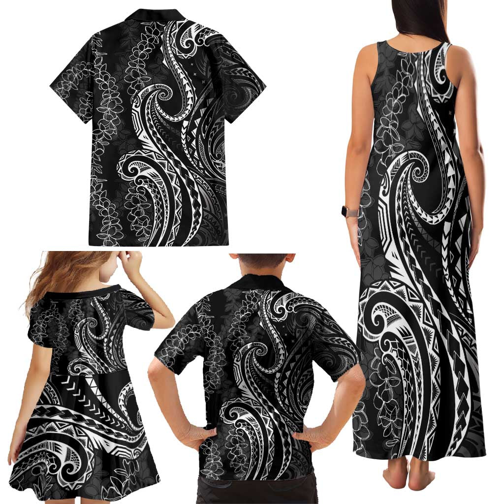Polynesia Plumeria Lei Family Matching Tank Maxi Dress and Hawaiian Shirt Black Curves Motif