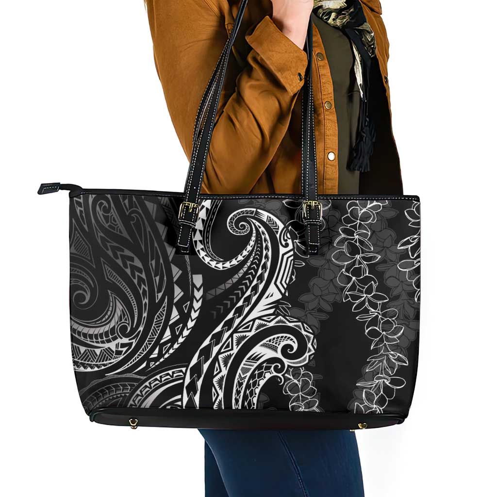 Polynesia Plumeria Lei Leather Tote Bag Black Curves Motif LT7 - Polynesian Pride