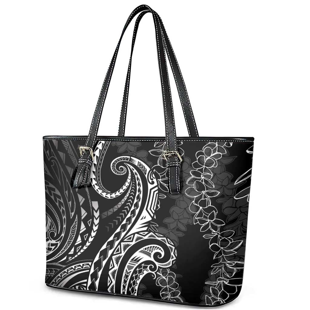 Polynesia Plumeria Lei Leather Tote Bag Black Curves Motif LT7 - Polynesian Pride