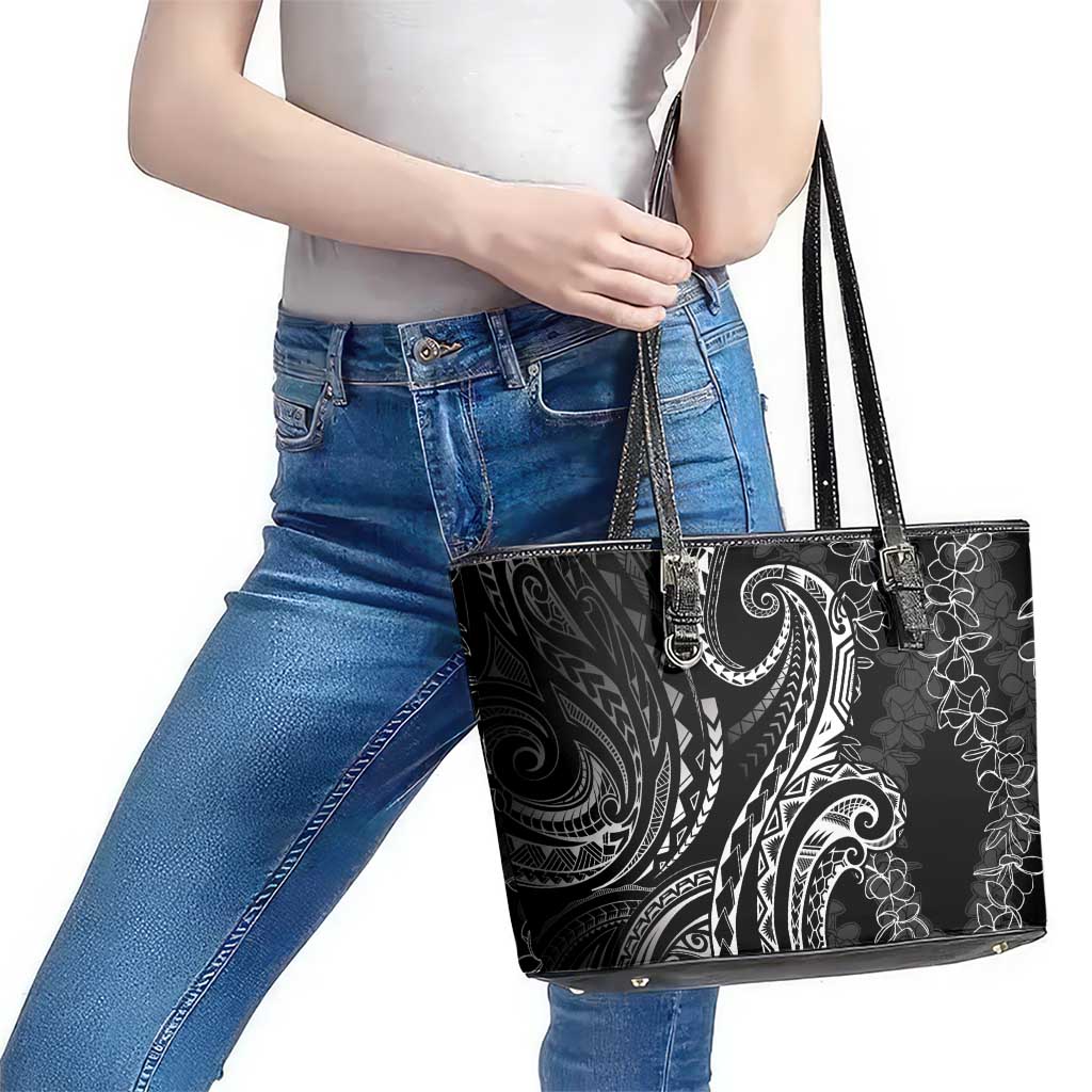 Polynesia Plumeria Lei Leather Tote Bag Black Curves Motif LT7 - Polynesian Pride