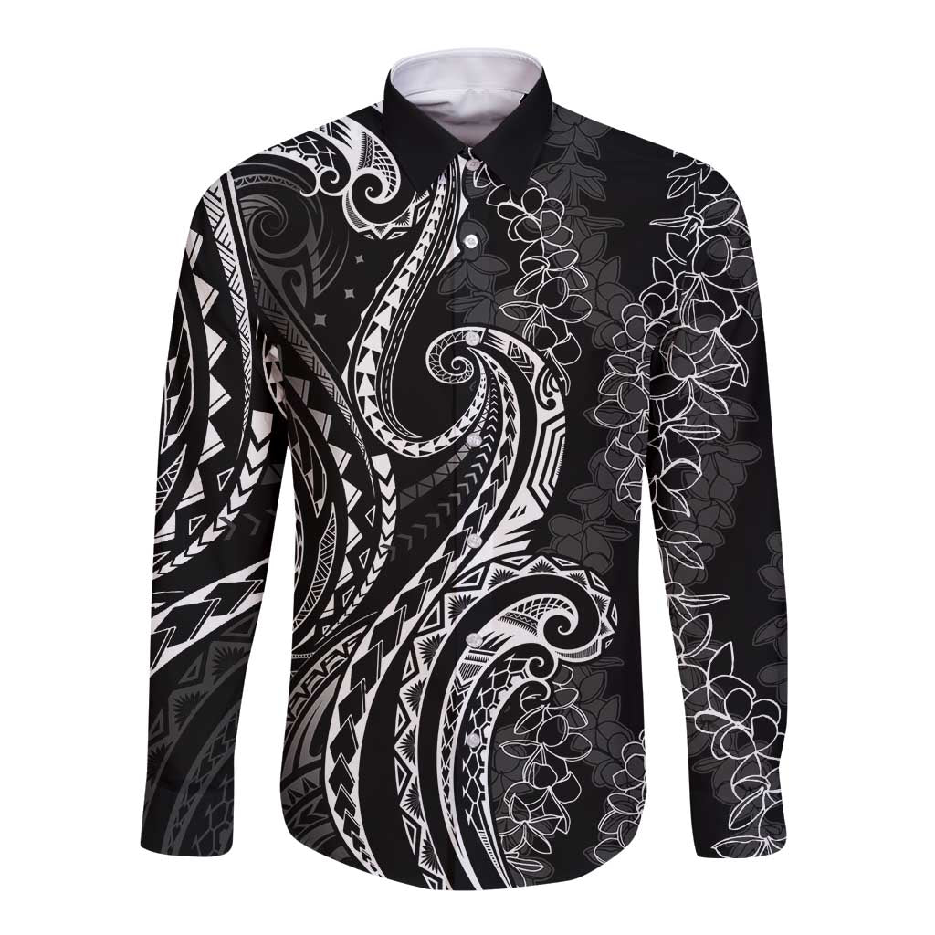 Polynesia Plumeria Lei Long Sleeve Button Shirt Black Curves Motif