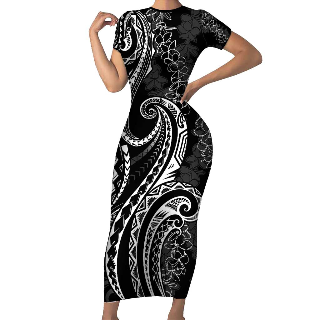 Polynesia Plumeria Lei Short Sleeve Bodycon Dress Black Curves Motif