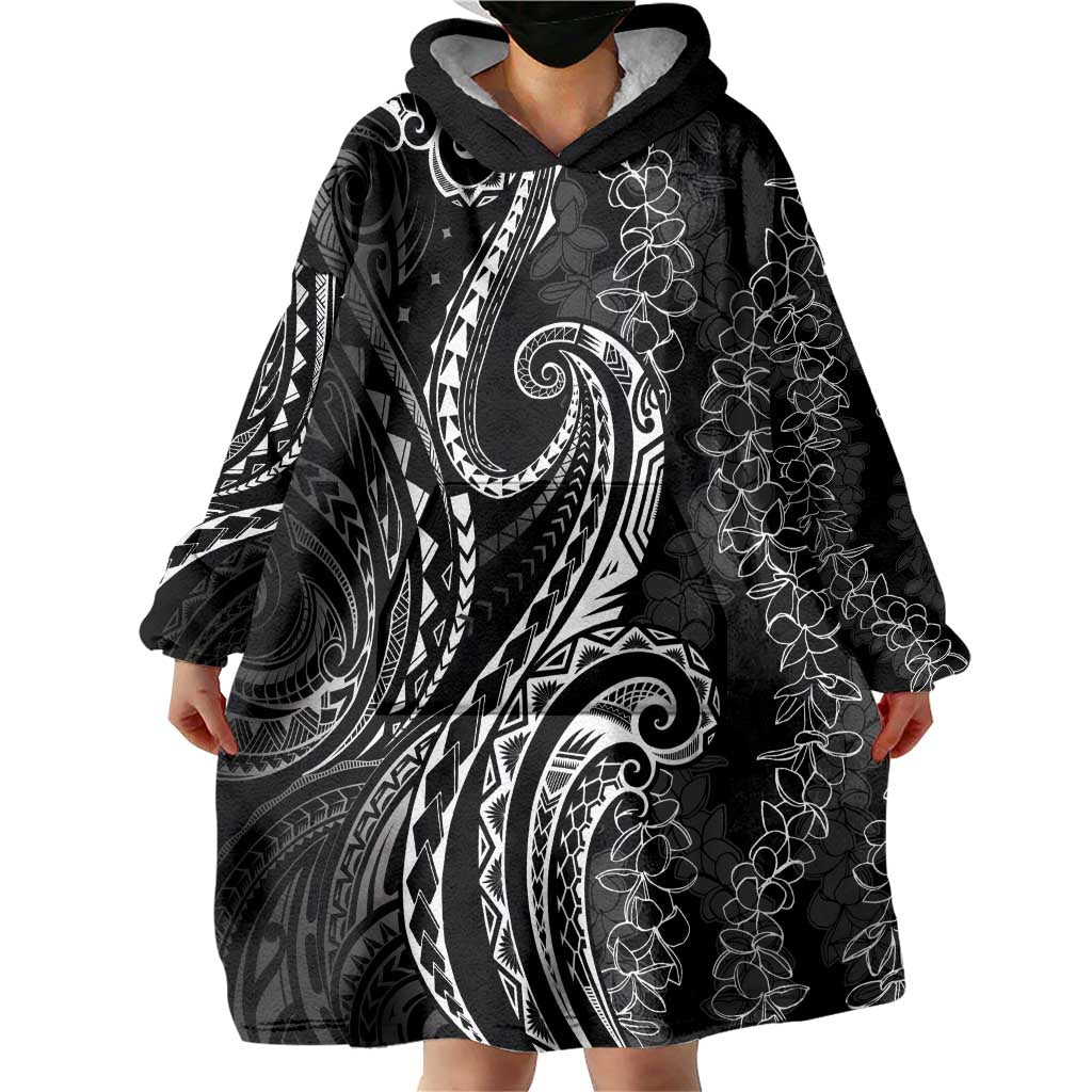 Polynesia Plumeria Lei Wearable Blanket Hoodie Black Curves Motif