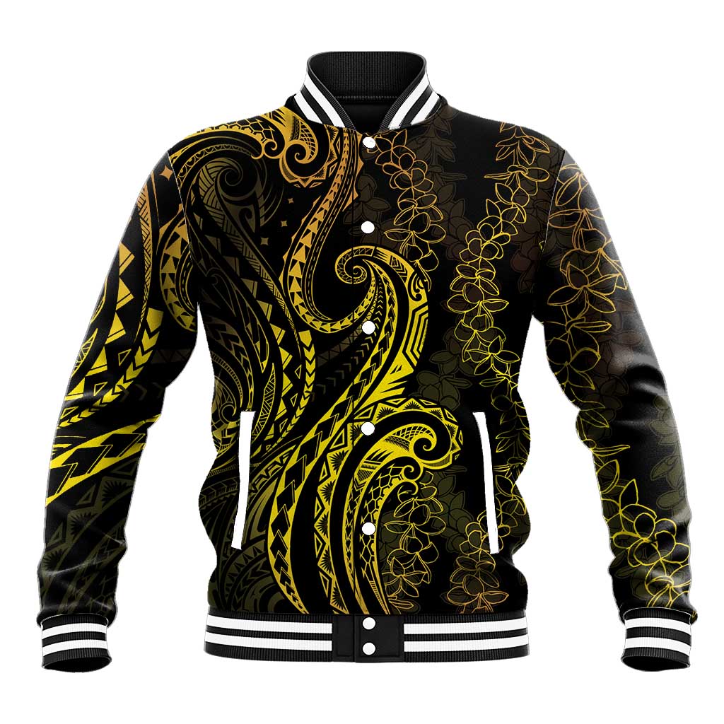 Polynesia Plumeria Lei Baseball Jacket Black Gold Curves Motif