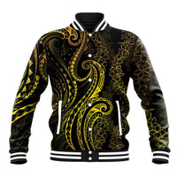 Polynesia Plumeria Lei Baseball Jacket Black Gold Curves Motif