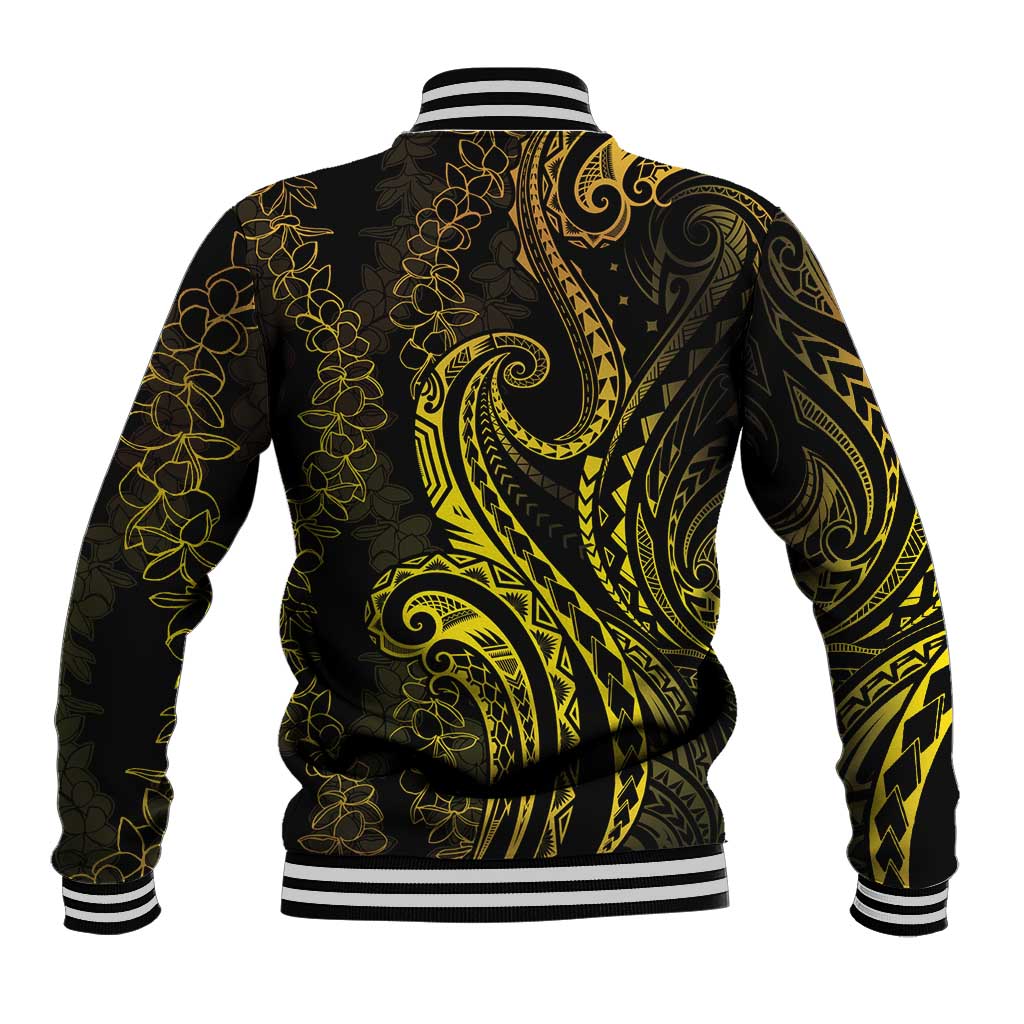 Polynesia Plumeria Lei Baseball Jacket Black Gold Curves Motif