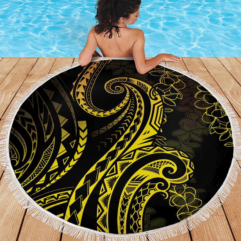 Polynesia Plumeria Lei Beach Blanket Black Gold Curves Motif
