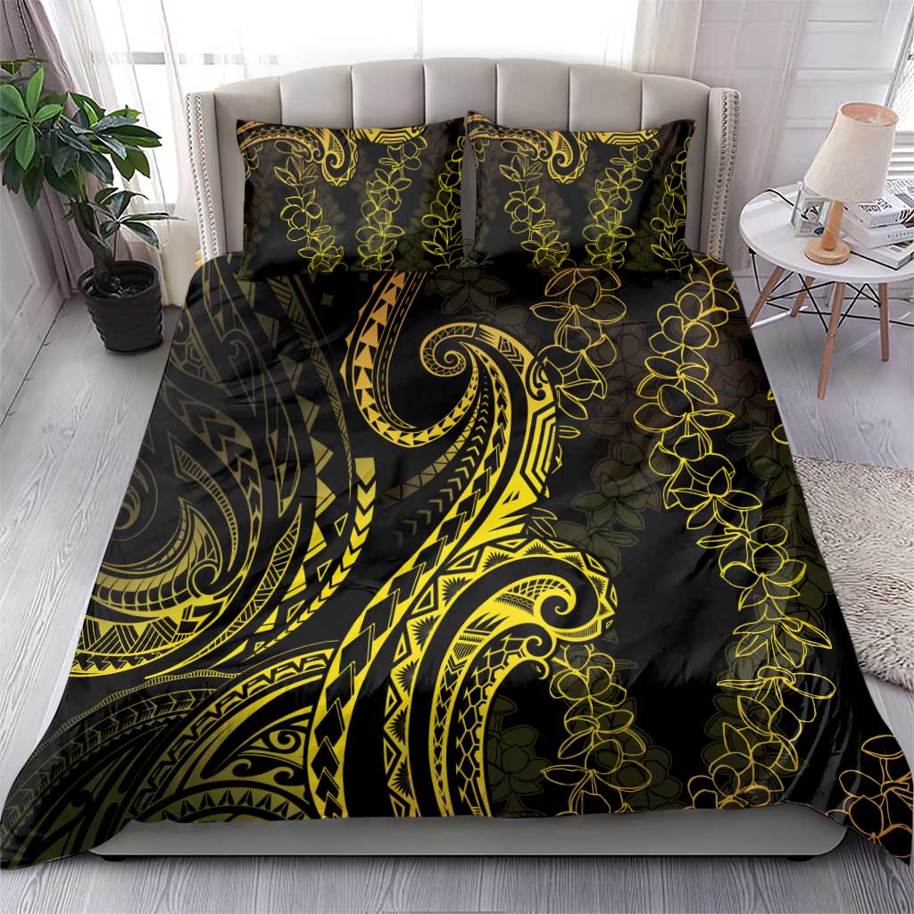 Polynesia Plumeria Lei Bedding Set Black Gold Curves Motif