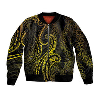 Polynesia Plumeria Lei Bomber Jacket Black Gold Curves Motif LT7 Unisex Gold - Polynesian Pride