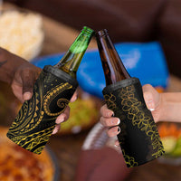 Polynesia Plumeria Lei 4 in 1 Can Cooler Tumbler Black Gold Curves Motif
