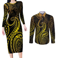 Polynesia Plumeria Lei Couples Matching Long Sleeve Bodycon Dress and Long Sleeve Button Shirt Black Gold Curves Motif LT7 Gold - Polynesian Pride