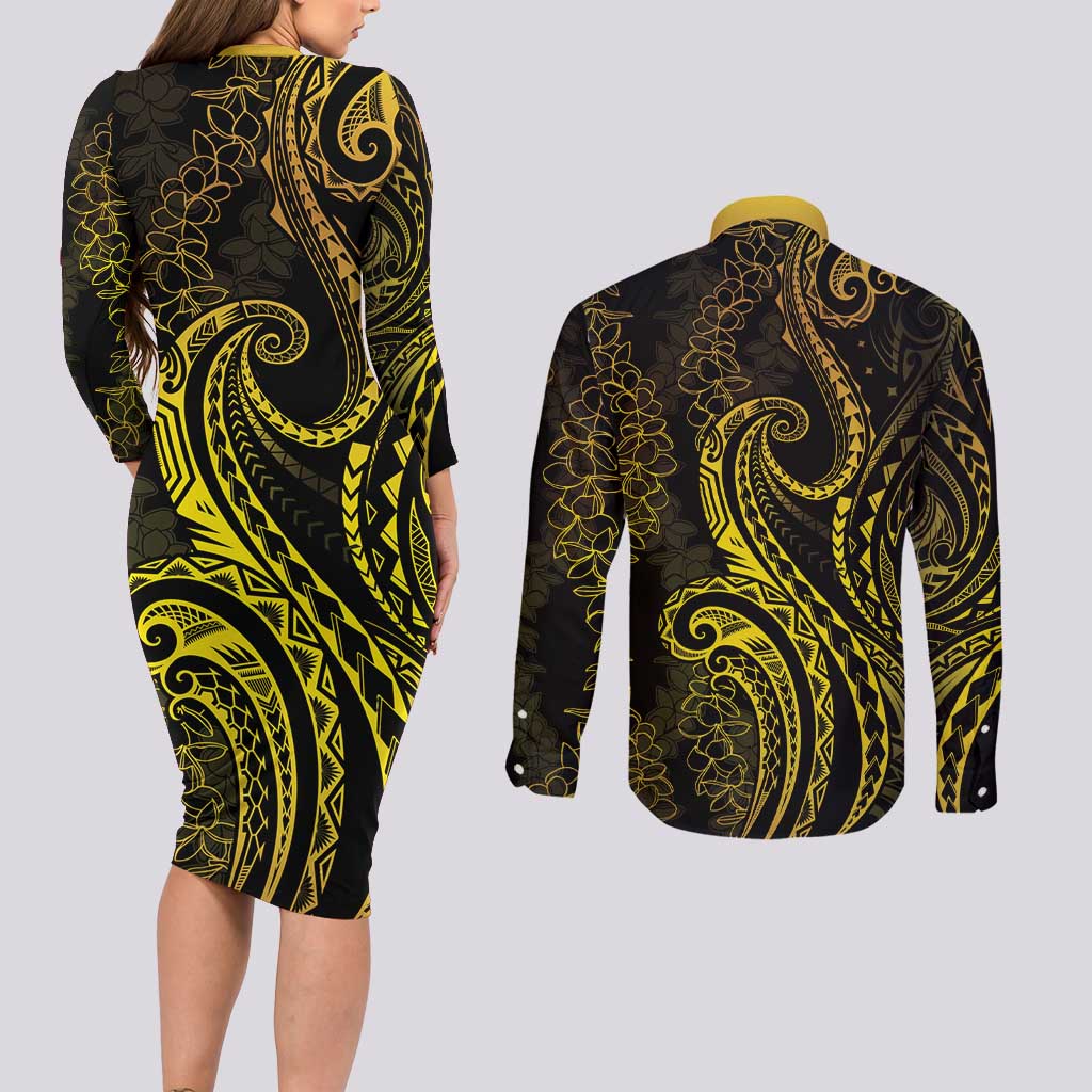 Polynesia Plumeria Lei Couples Matching Long Sleeve Bodycon Dress and Long Sleeve Button Shirt Black Gold Curves Motif LT7 - Polynesian Pride