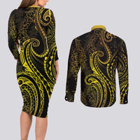Polynesia Plumeria Lei Couples Matching Long Sleeve Bodycon Dress and Long Sleeve Button Shirt Black Gold Curves Motif LT7 - Polynesian Pride