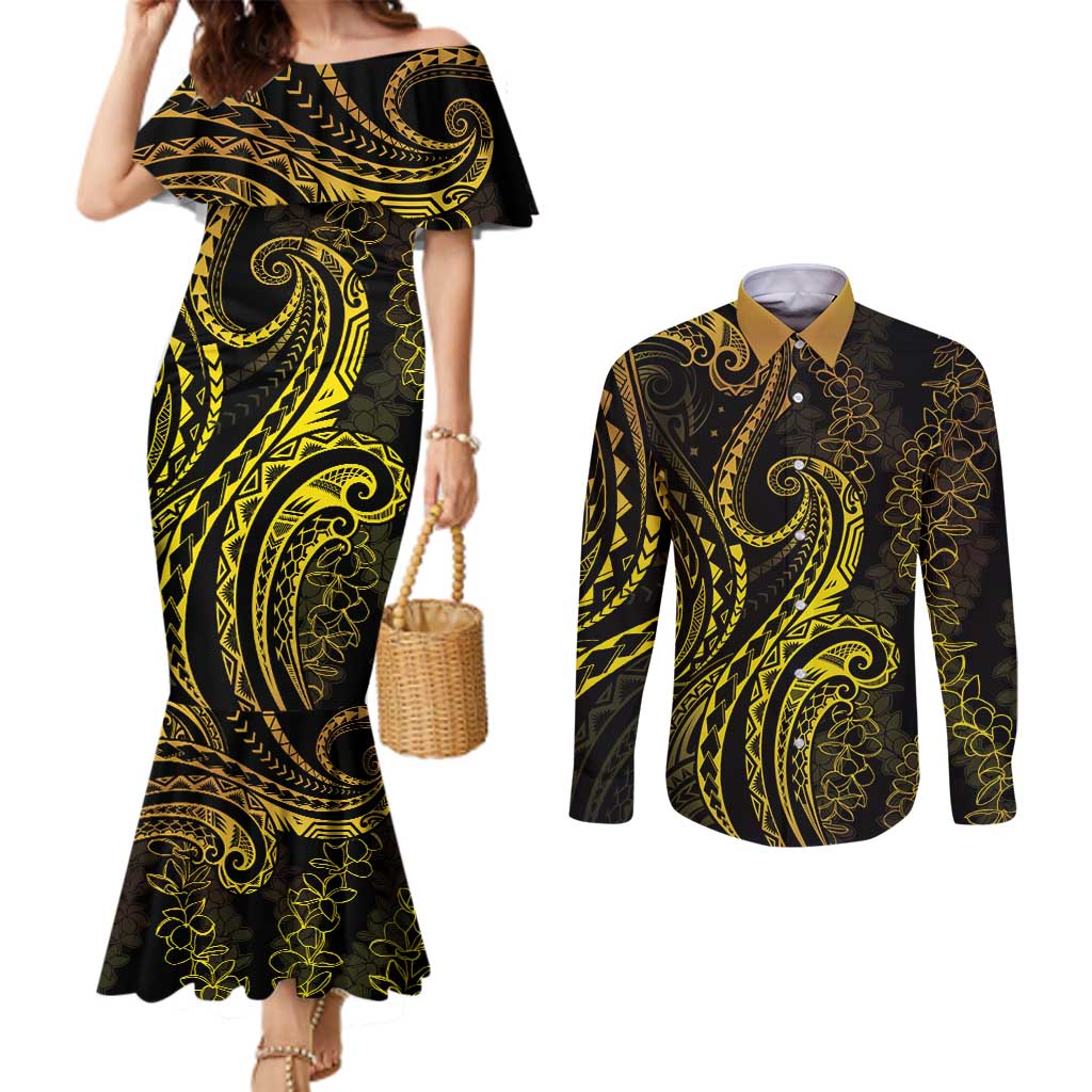 Polynesia Plumeria Lei Couples Matching Mermaid Dress and Long Sleeve Button Shirt Black Gold Curves Motif LT7 Gold - Polynesian Pride