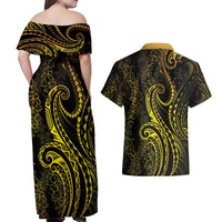 Polynesia Plumeria Lei Couples Matching Off Shoulder Maxi Dress and Hawaiian Shirt Black Gold Curves Motif
