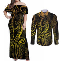 Polynesia Plumeria Lei Couples Matching Off Shoulder Maxi Dress and Long Sleeve Button Shirt Black Gold Curves Motif LT7 Gold - Polynesian Pride