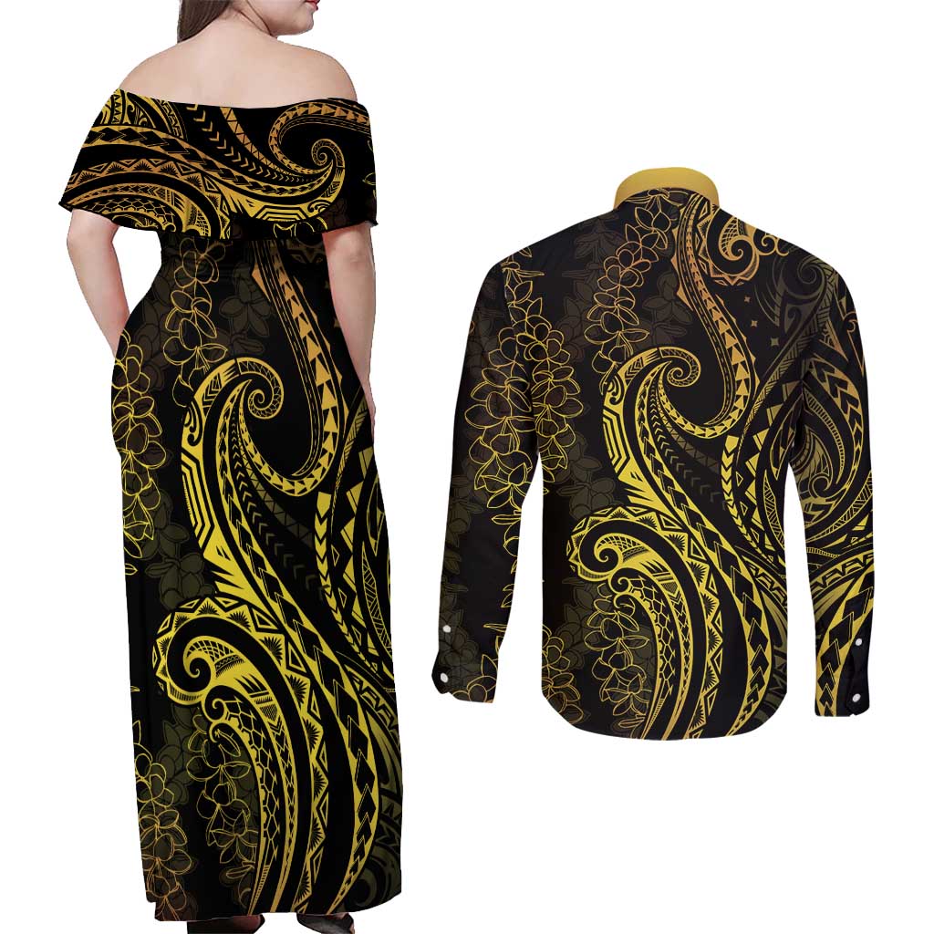 Polynesia Plumeria Lei Couples Matching Off Shoulder Maxi Dress and Long Sleeve Button Shirt Black Gold Curves Motif LT7 - Polynesian Pride