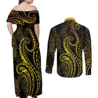 Polynesia Plumeria Lei Couples Matching Off Shoulder Maxi Dress and Long Sleeve Button Shirt Black Gold Curves Motif LT7 - Polynesian Pride