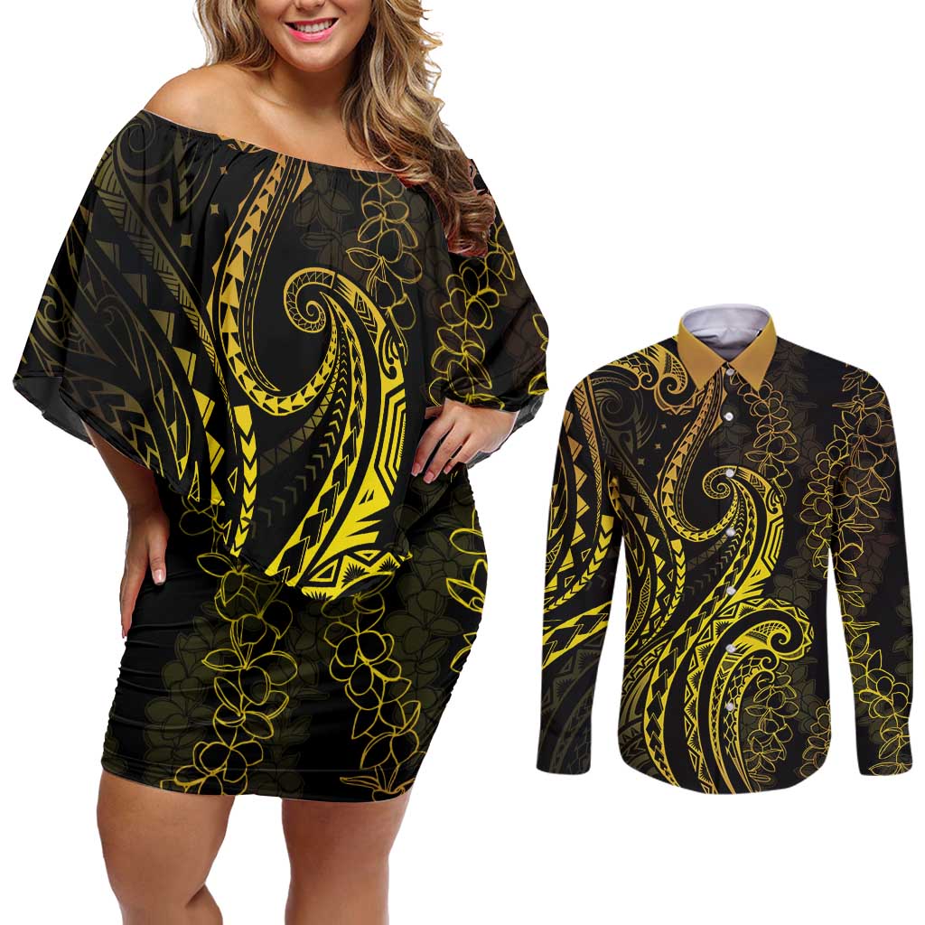 Polynesia Plumeria Lei Couples Matching Off Shoulder Short Dress and Long Sleeve Button Shirt Black Gold Curves Motif LT7 Gold - Polynesian Pride