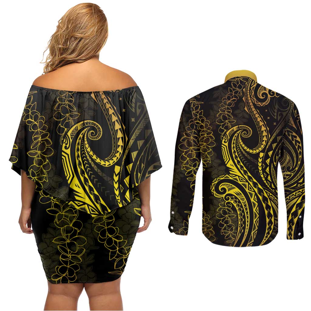 Polynesia Plumeria Lei Couples Matching Off Shoulder Short Dress and Long Sleeve Button Shirt Black Gold Curves Motif LT7 - Polynesian Pride
