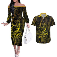 Polynesia Plumeria Lei Couples Matching Off The Shoulder Long Sleeve Dress and Hawaiian Shirt Black Gold Curves Motif