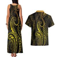 Polynesia Plumeria Lei Couples Matching Tank Maxi Dress and Hawaiian Shirt Black Gold Curves Motif