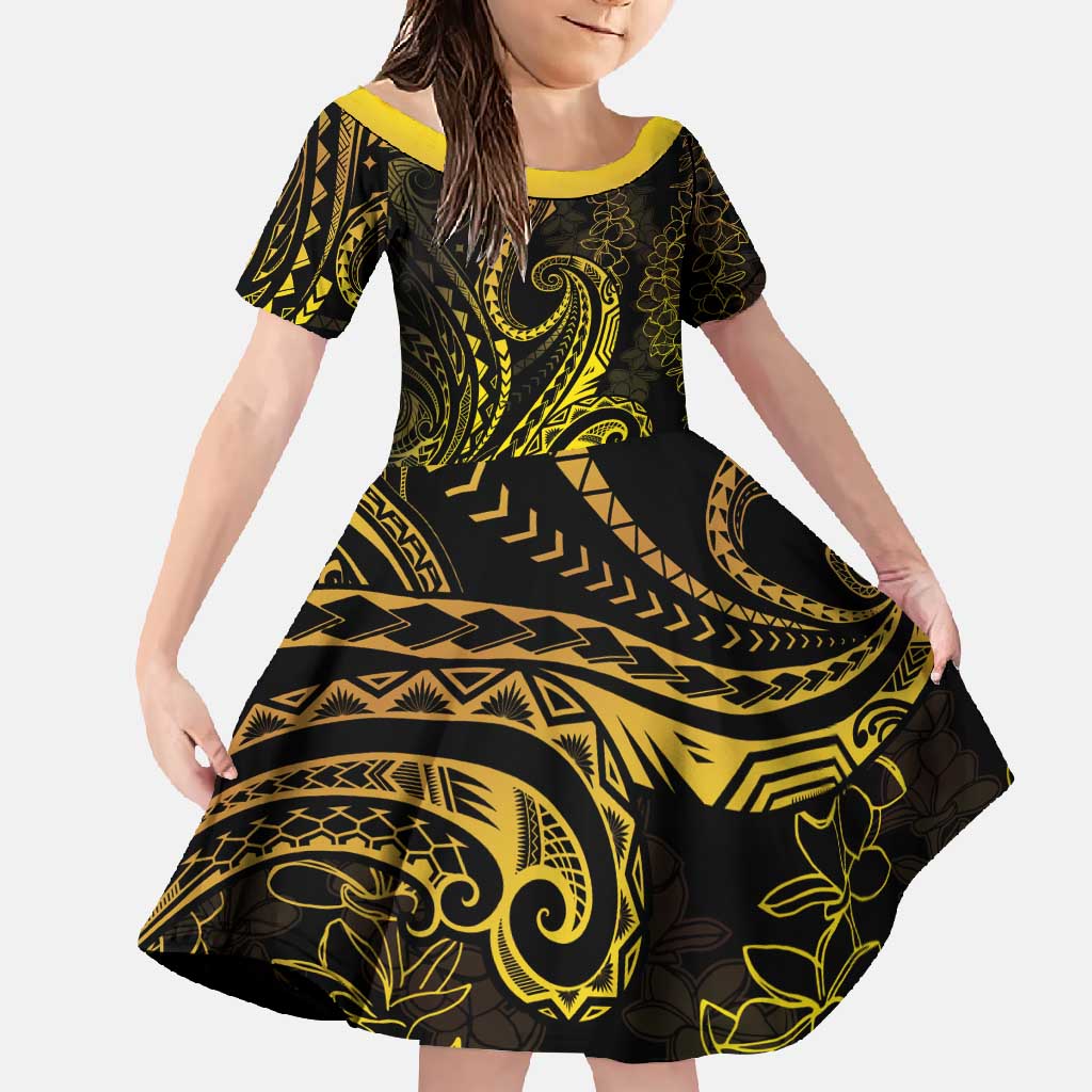 Polynesia Plumeria Lei Family Matching Long Sleeve Bodycon Dress and Hawaiian Shirt Black Gold Curves Motif