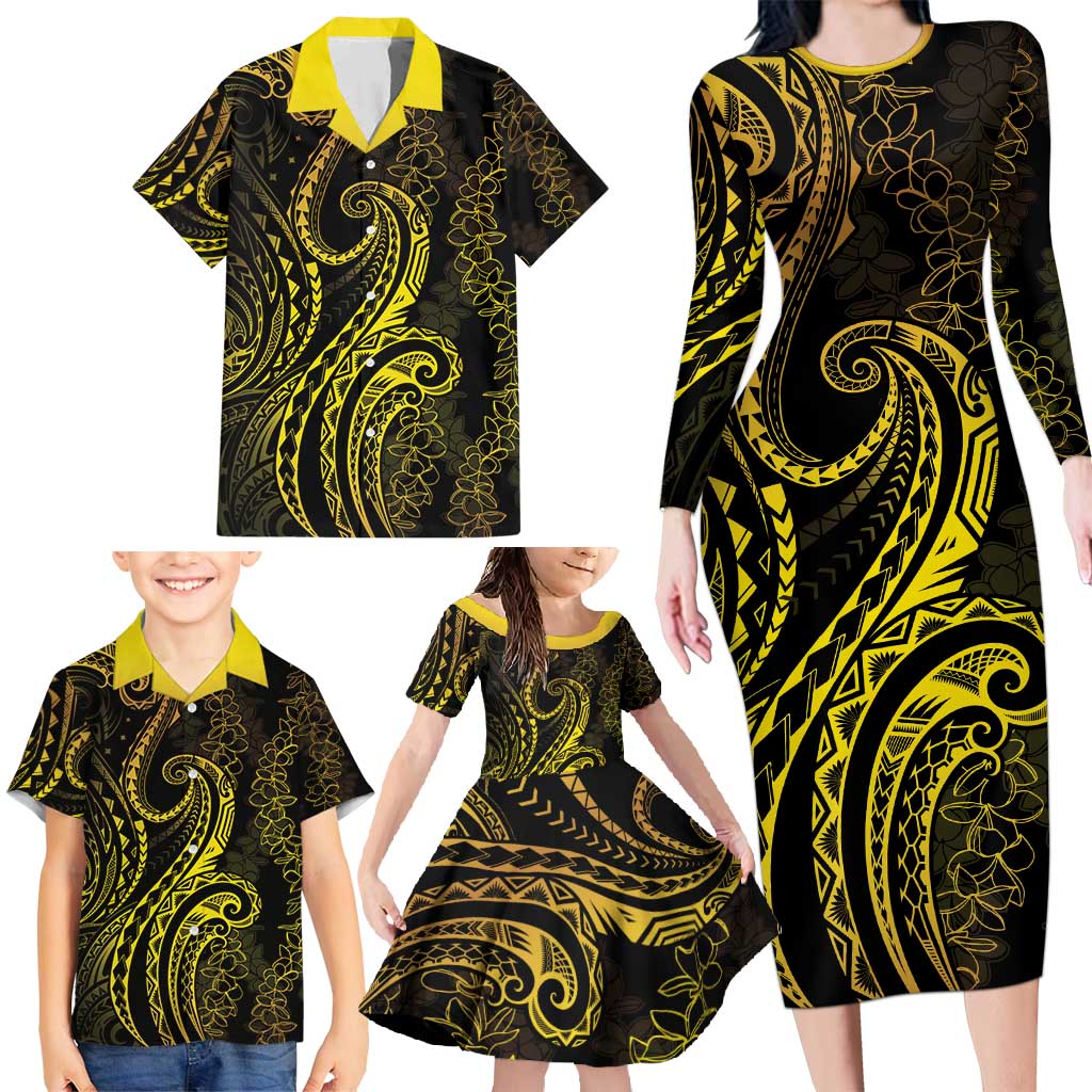 Polynesia Plumeria Lei Family Matching Long Sleeve Bodycon Dress and Hawaiian Shirt Black Gold Curves Motif