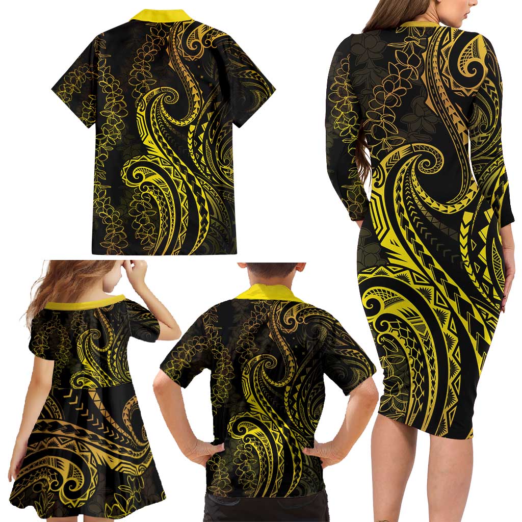 Polynesia Plumeria Lei Family Matching Long Sleeve Bodycon Dress and Hawaiian Shirt Black Gold Curves Motif
