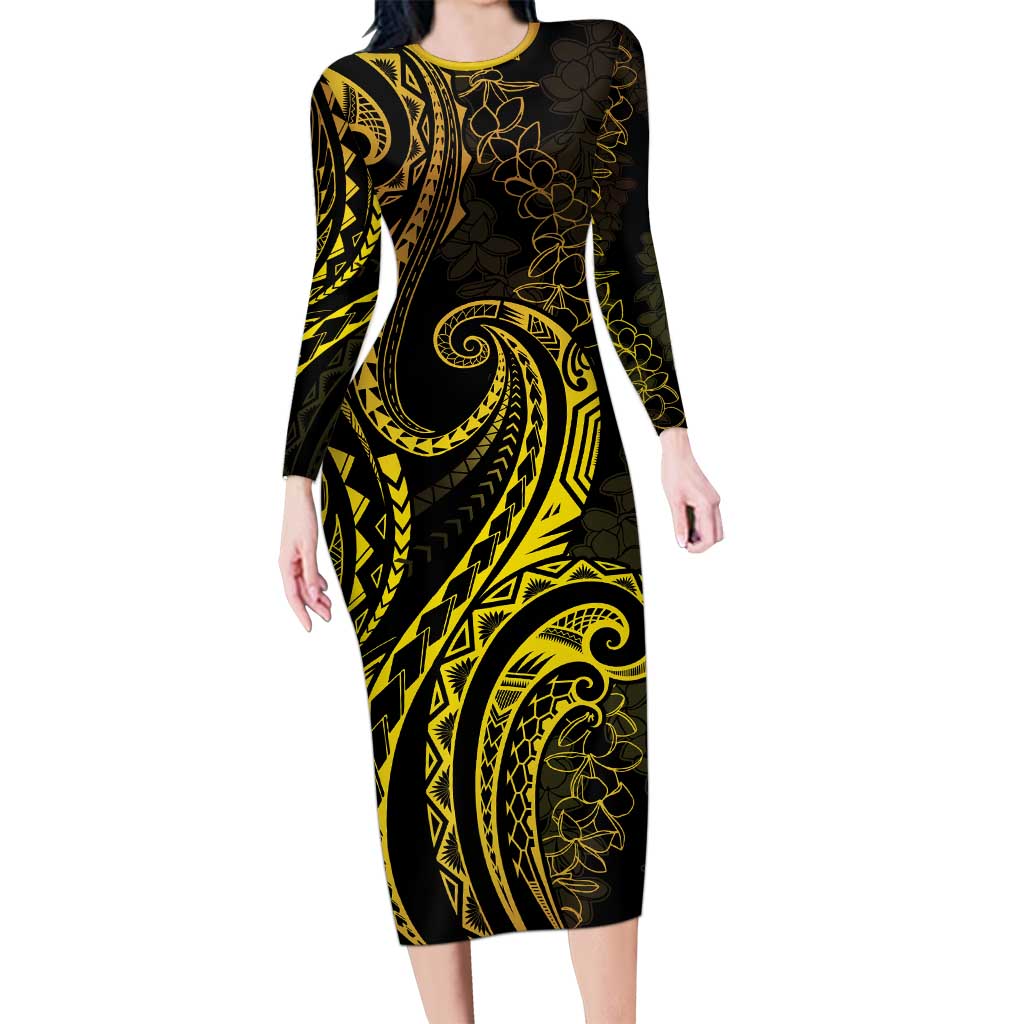 Polynesia Plumeria Lei Family Matching Long Sleeve Bodycon Dress and Hawaiian Shirt Black Gold Curves Motif