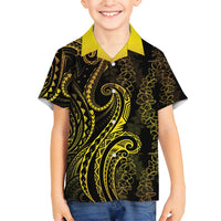 Polynesia Plumeria Lei Family Matching Long Sleeve Bodycon Dress and Hawaiian Shirt Black Gold Curves Motif