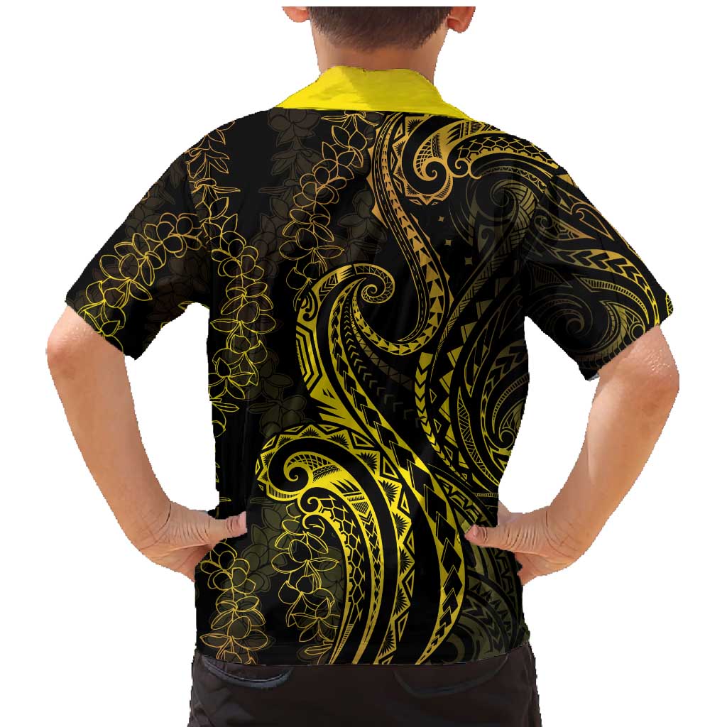 Polynesia Plumeria Lei Family Matching Mermaid Dress and Hawaiian Shirt Black Gold Curves Motif