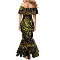 Polynesia Plumeria Lei Family Matching Mermaid Dress and Hawaiian Shirt Black Gold Curves Motif