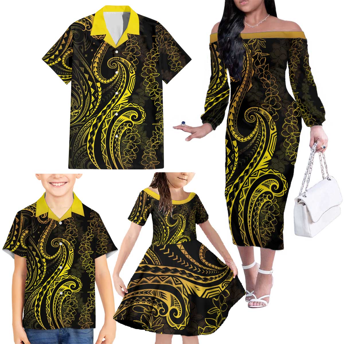 Polynesia Plumeria Lei Family Matching Off The Shoulder Long Sleeve Dress and Hawaiian Shirt Black Gold Curves Motif
