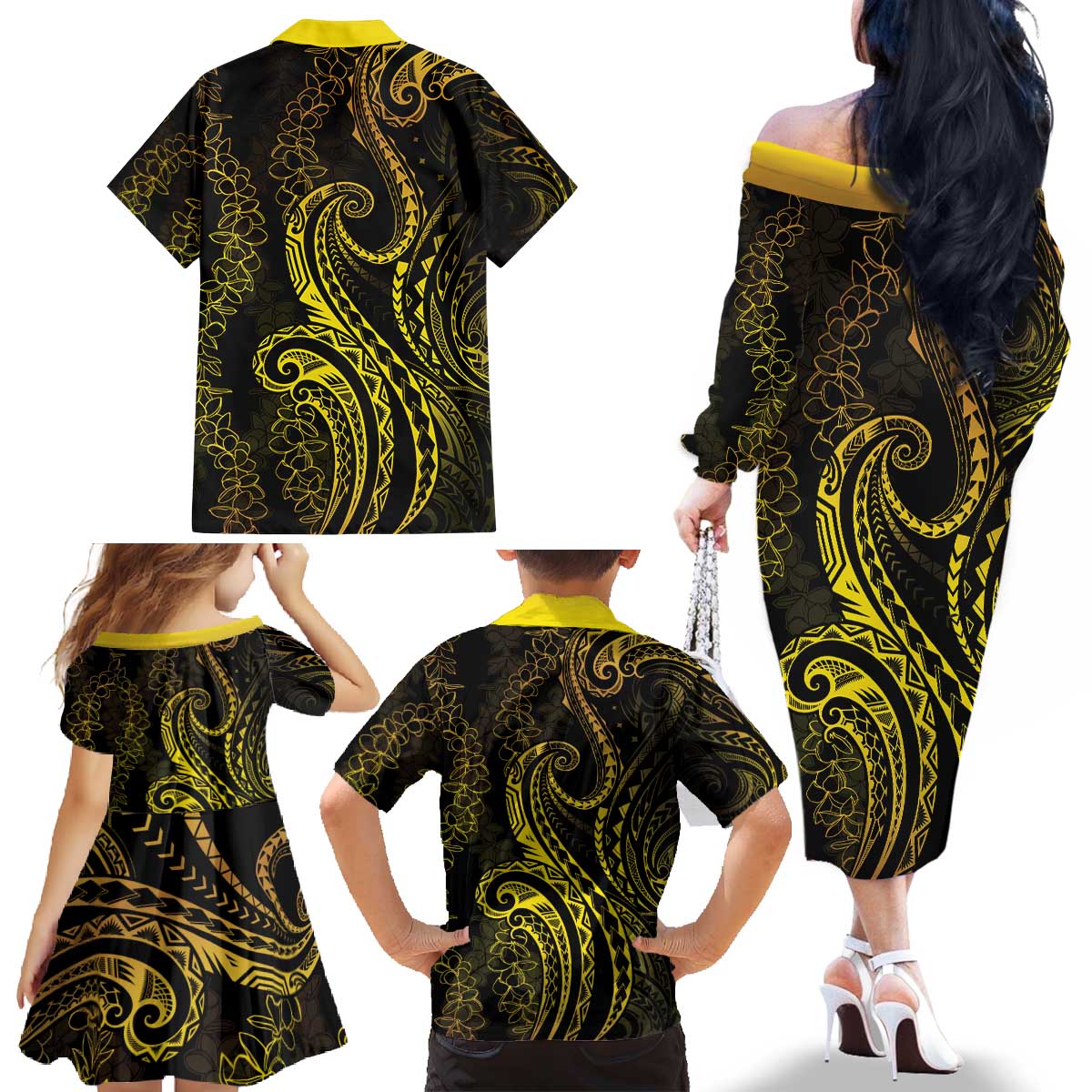 Polynesia Plumeria Lei Family Matching Off The Shoulder Long Sleeve Dress and Hawaiian Shirt Black Gold Curves Motif