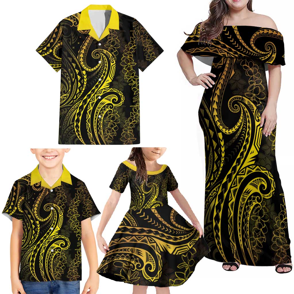 Polynesia Plumeria Lei Family Matching Off Shoulder Maxi Dress and Hawaiian Shirt Black Gold Curves Motif