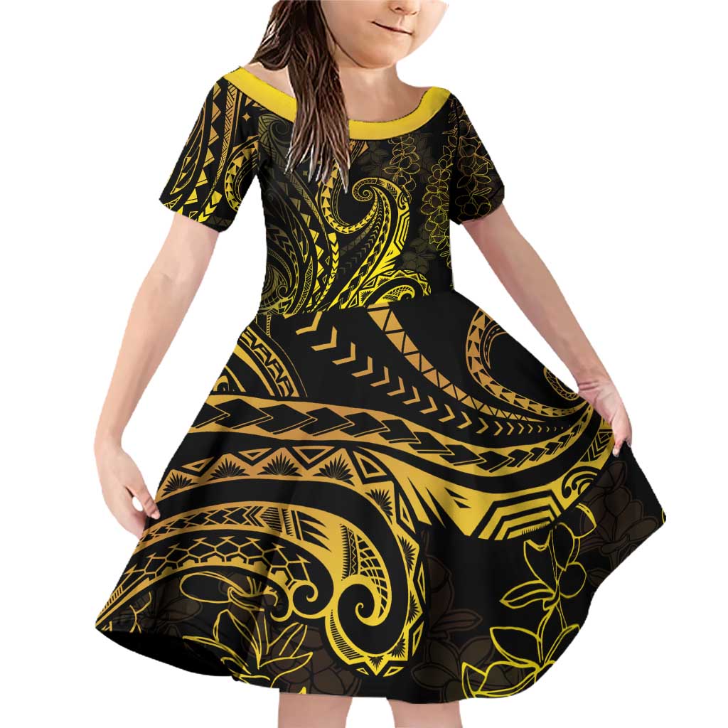 Polynesia Plumeria Lei Family Matching Off Shoulder Short Dress and Hawaiian Shirt Black Gold Curves Motif