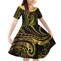 Polynesia Plumeria Lei Family Matching Off Shoulder Short Dress and Hawaiian Shirt Black Gold Curves Motif