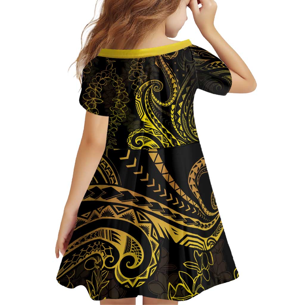 Polynesia Plumeria Lei Family Matching Off Shoulder Short Dress and Hawaiian Shirt Black Gold Curves Motif
