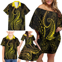 Polynesia Plumeria Lei Family Matching Off Shoulder Short Dress and Hawaiian Shirt Black Gold Curves Motif