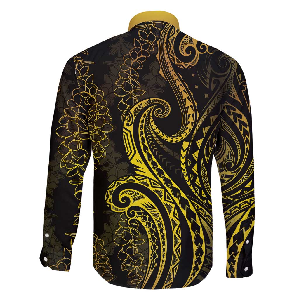 Polynesia Plumeria Lei Family Matching Off Shoulder Short Dress and Hawaiian Shirt Black Gold Curves Motif