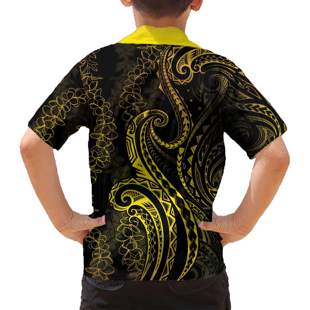Polynesia Plumeria Lei Family Matching Puletasi and Hawaiian Shirt Black Gold Curves Motif