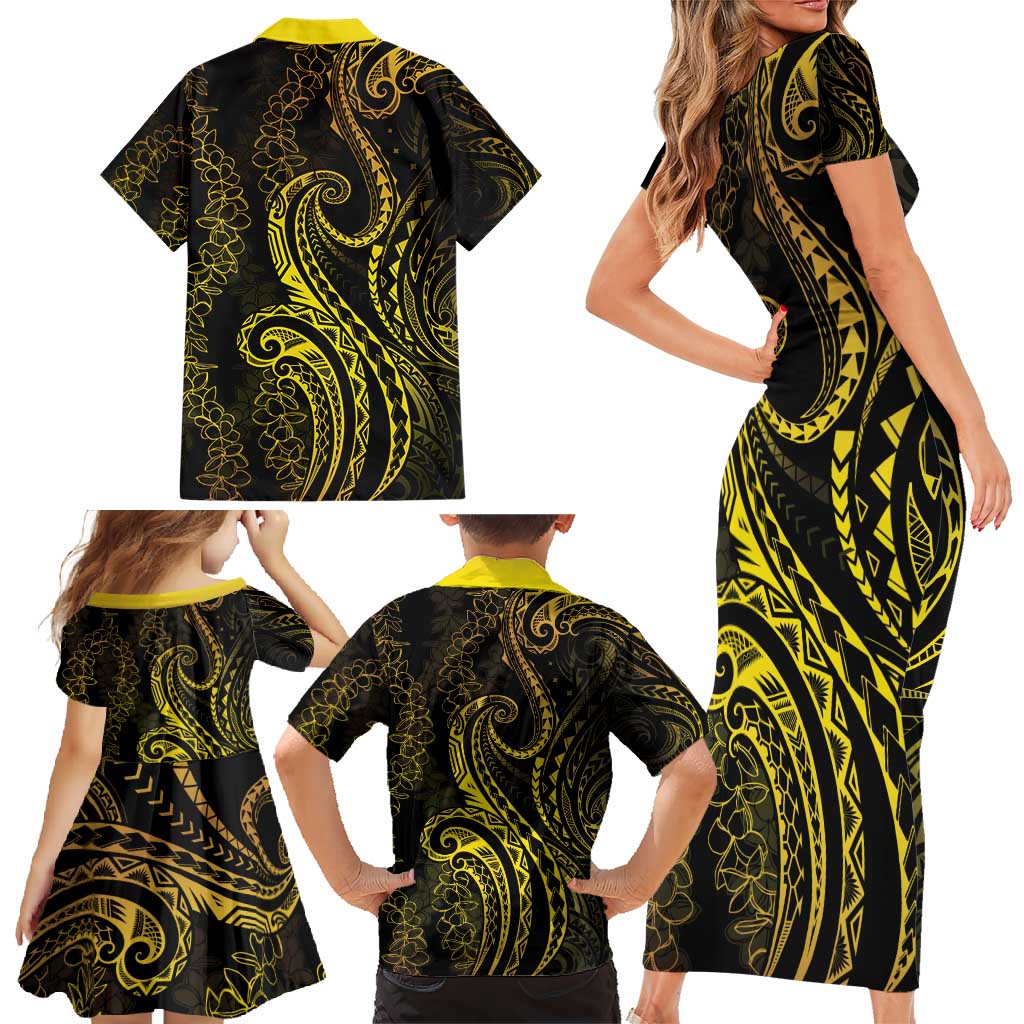 Polynesia Plumeria Lei Family Matching Short Sleeve Bodycon Dress and Hawaiian Shirt Black Gold Curves Motif