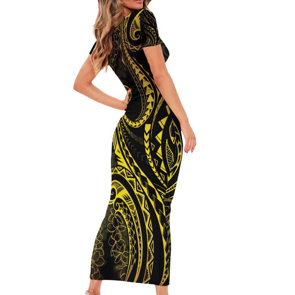 Polynesia Plumeria Lei Family Matching Short Sleeve Bodycon Dress and Hawaiian Shirt Black Gold Curves Motif