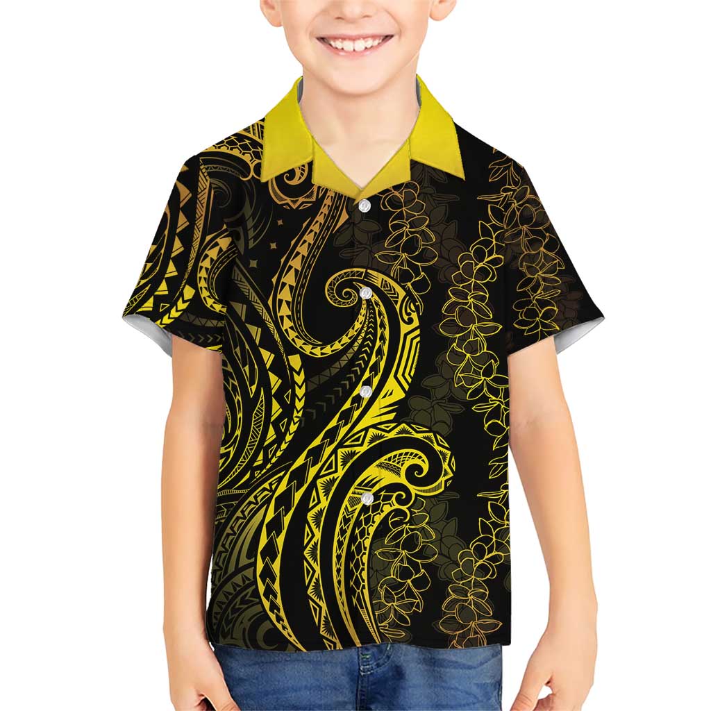 Polynesia Plumeria Lei Family Matching Short Sleeve Bodycon Dress and Hawaiian Shirt Black Gold Curves Motif