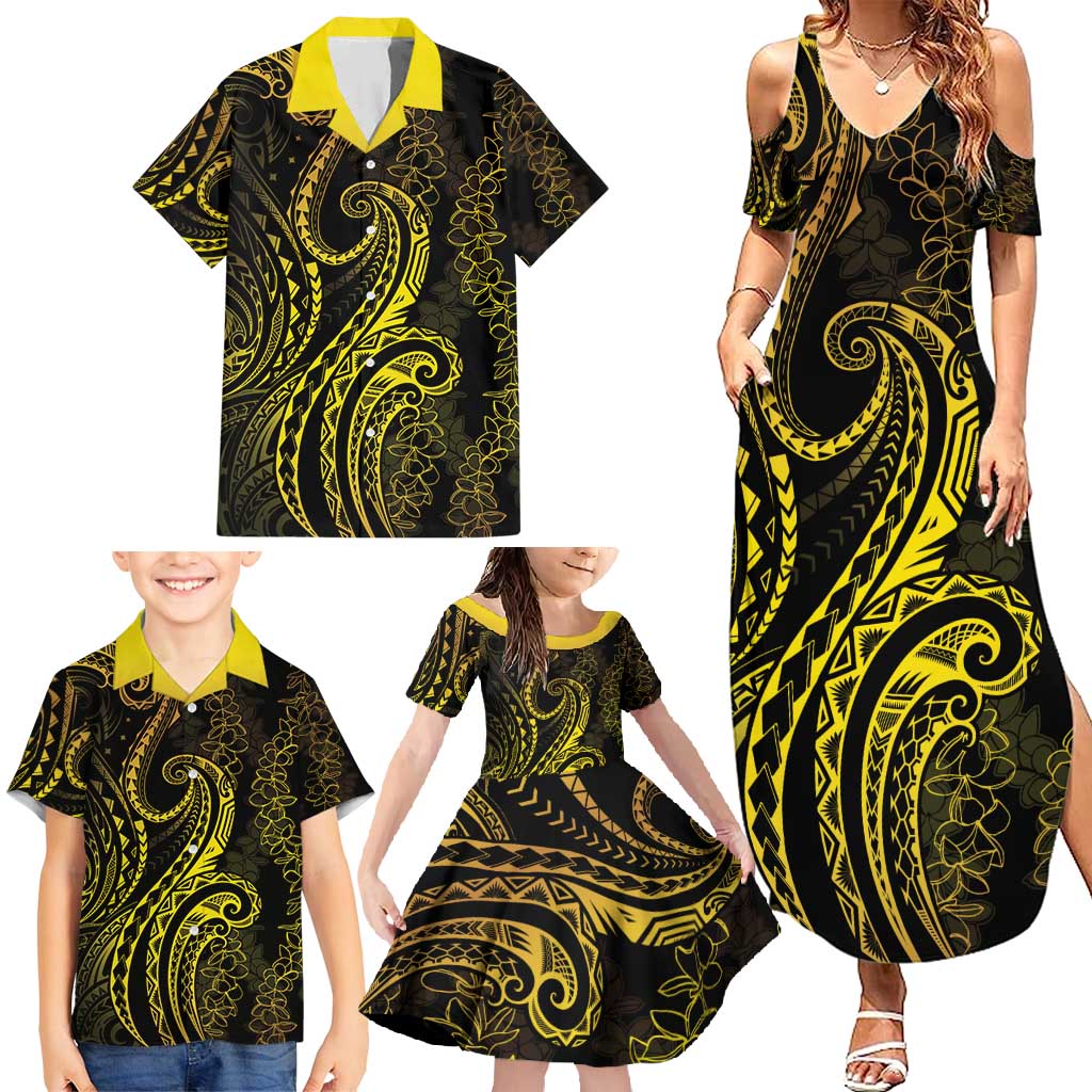 Polynesia Plumeria Lei Family Matching Summer Maxi Dress and Hawaiian Shirt Black Gold Curves Motif