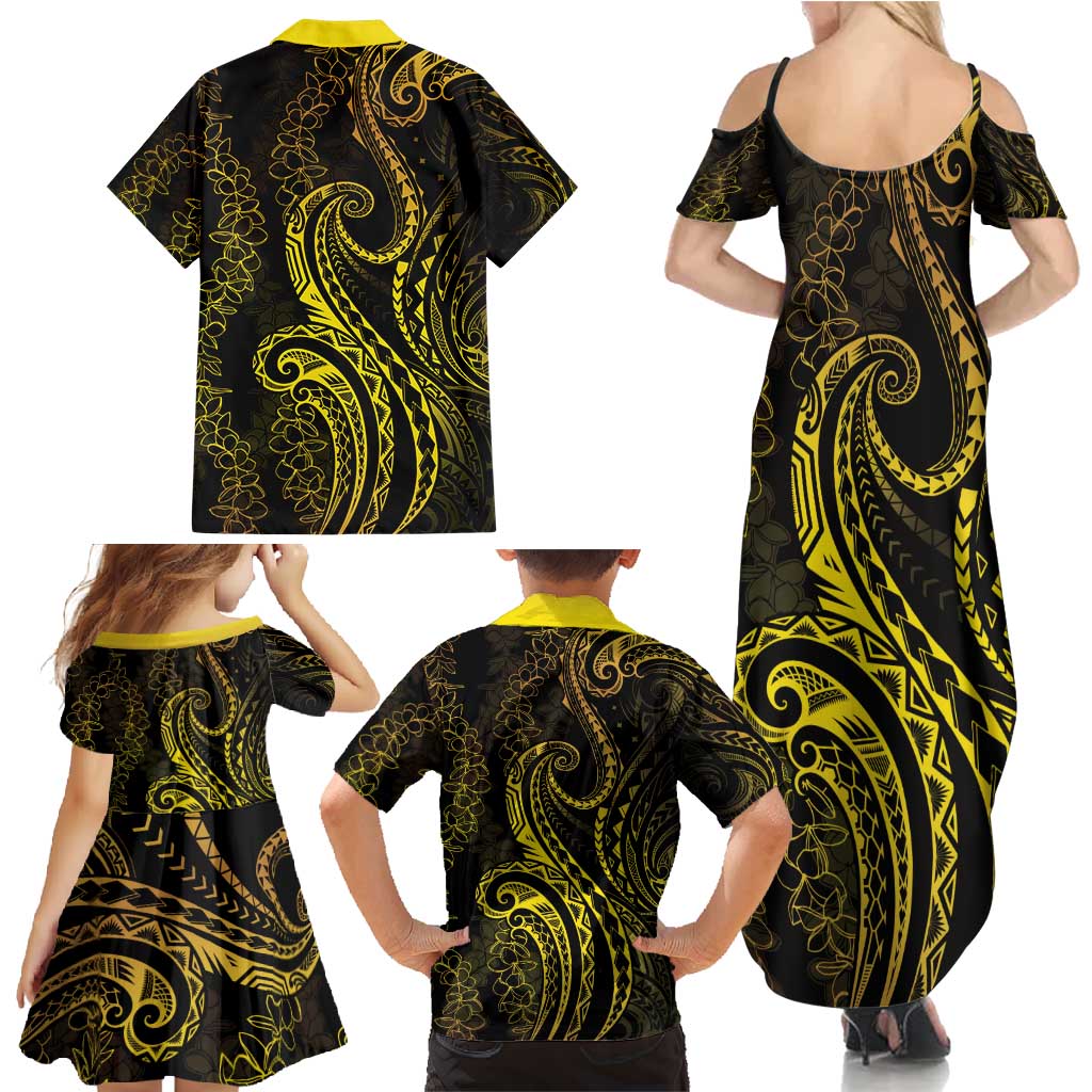 Polynesia Plumeria Lei Family Matching Summer Maxi Dress and Hawaiian Shirt Black Gold Curves Motif